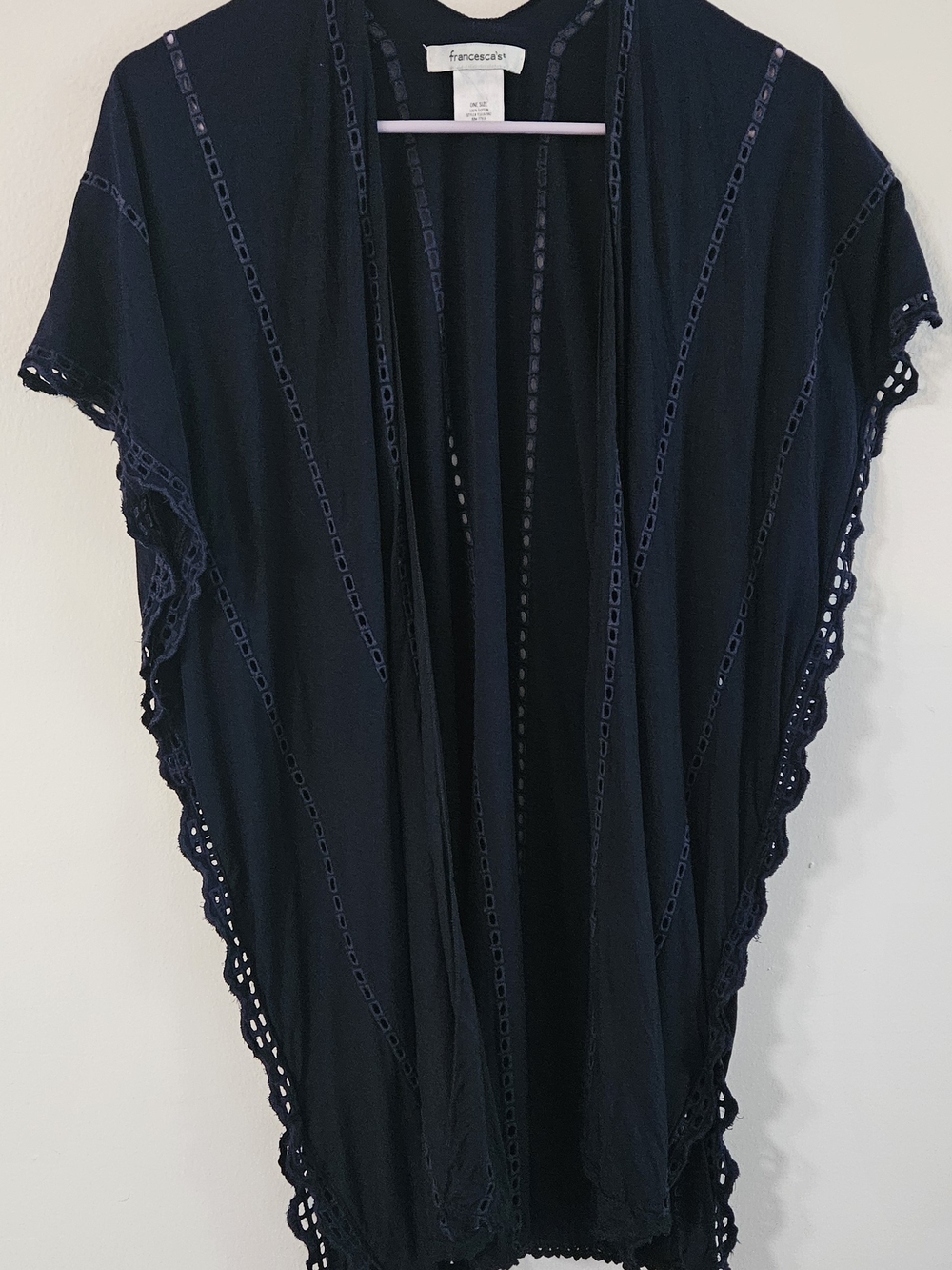 Francesca's Navy Open Crochet-Trim Kimono. Beach Cover, Boho, Coastal, Resort